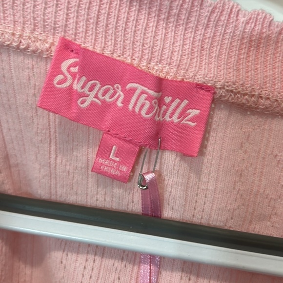 Sugar Thrills cardigan pastel pink knit cropped long sleeve front daisy button L - Picture 2 of 5